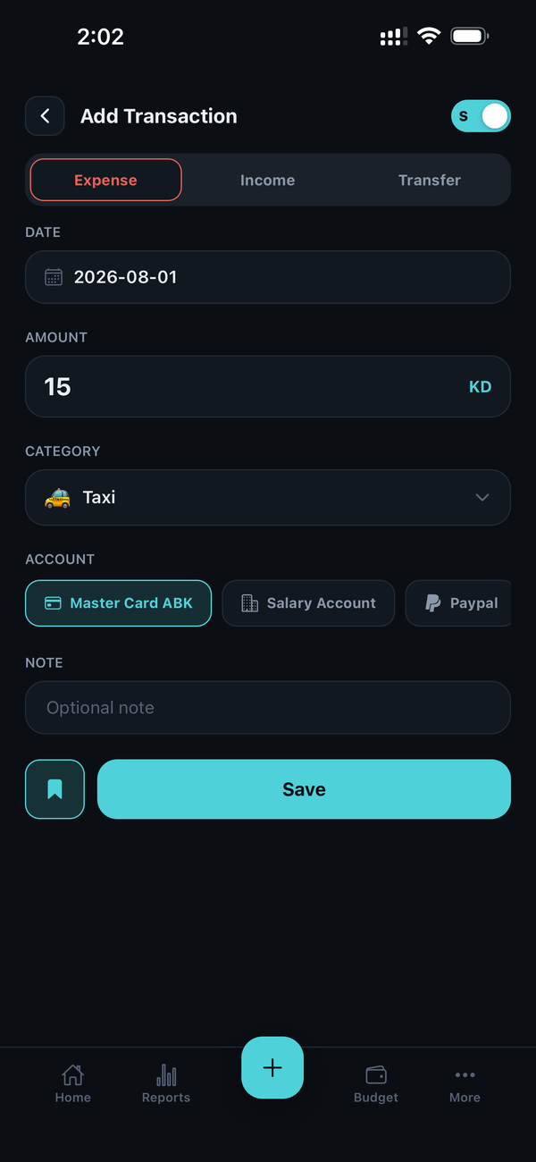Sparings quick add transaction screenshot